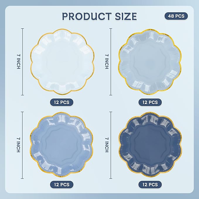Dusty Blue Party Plates Gradient Blue Dessert Paper Plates 7inch Gold Foil - Image 2