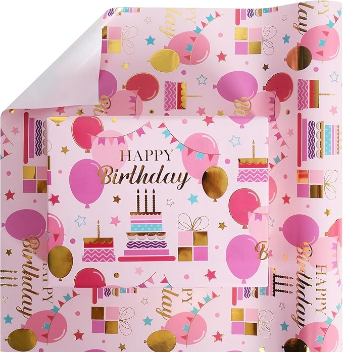 Aimyoo Pink Birthday Wrapping Paper Roll - Image 2