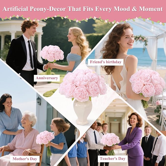 U'Artlines 20 Heads Artificial Peony Silk Flower Leaf Home Office Wedding Party - Image 6