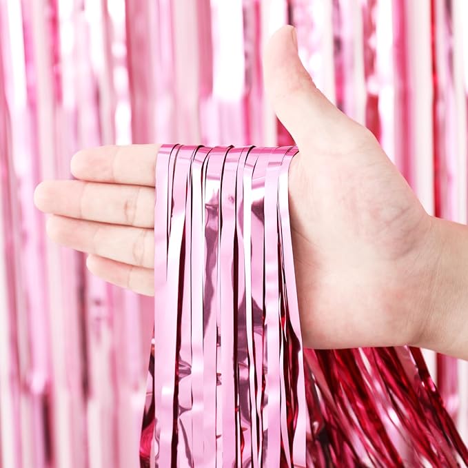 2 Pack Light Pink Foil Fringe Backdrop Curtains, Tinsel Streamers Birthday - Image 2