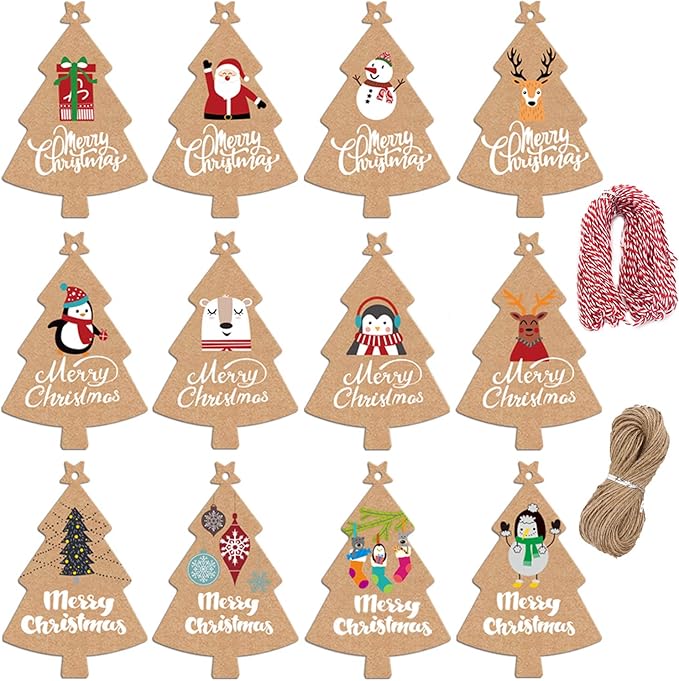 LOKIPA 120 Pieces Christmas Kraft Paper Gift Tags, Xmas Tree Present Hang Labels by LOKIPA