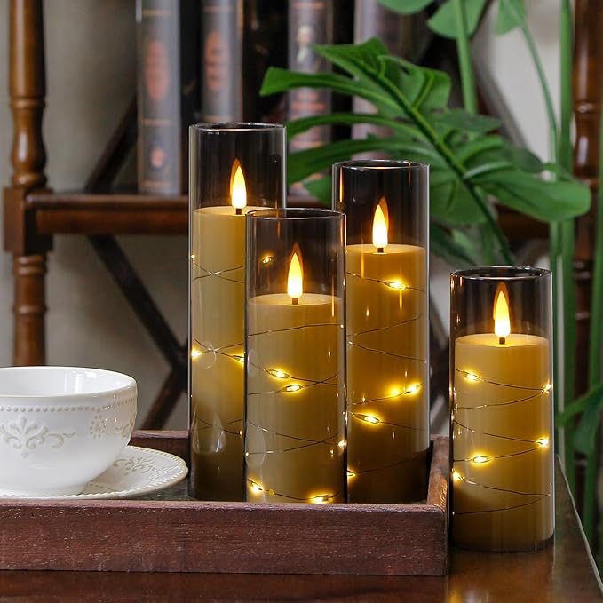 Grey Flameless Candles with Remote and String Light, 2.2"x 5" - Image 4