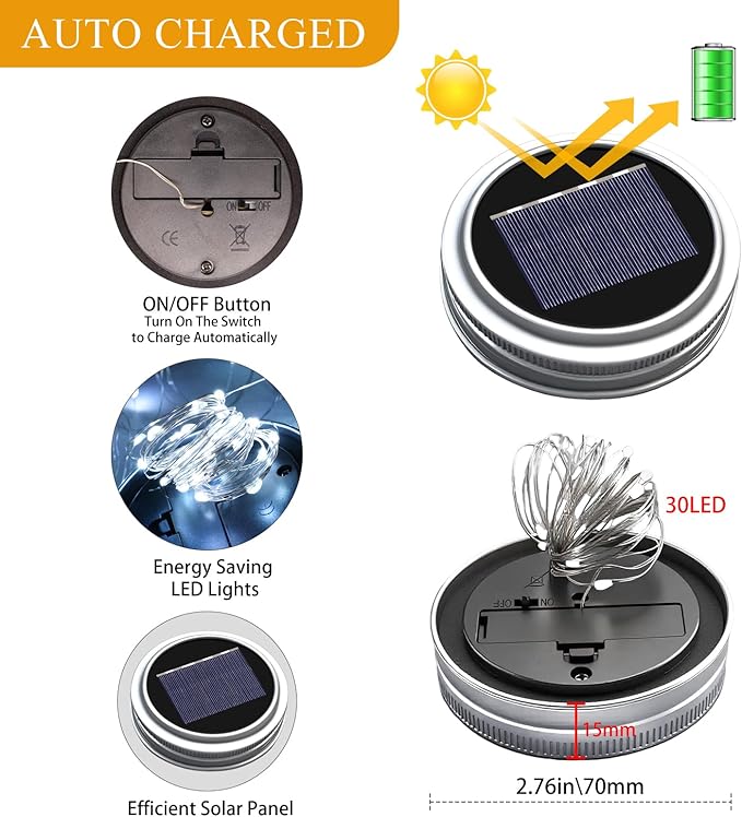 ZNYCYE Mason Jar Solar Lights for Outside, 12 Pack 30LED Fairy Lights Mason Jar - Image 4