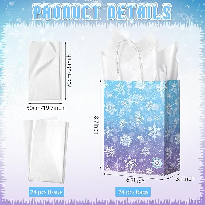 24 Pcs Winter Snowflake Gift Bags, Holiday Kraft Paper Party Favor Bags - Image 2