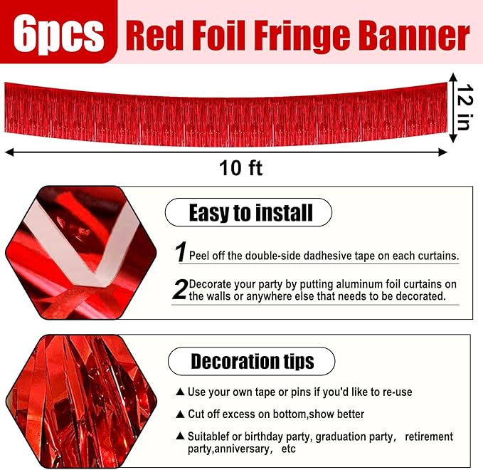 6 Pack 10 Feet Red Foil Fringe Garland Metallic Tinsel Streamers Banner Wall - Image 2
