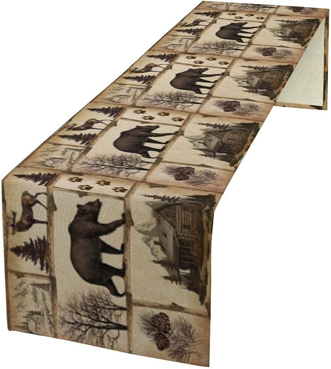 Rustic Cabin Table Runner, Retro Moose Cone Deer Bear Farmhouse Lodge Table by ShiTingYu