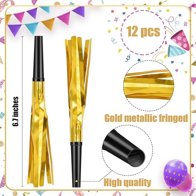 12 Pcs Glitter Noise Makers Metallic Fringed Party Blower - Image 2