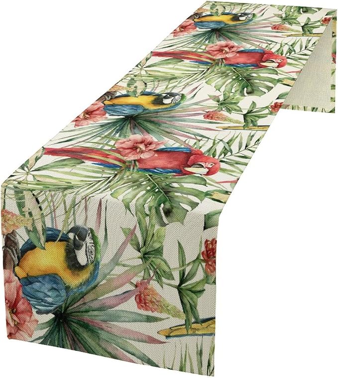 Parrot Table Runner, Tropical Palm Leaf Colorful Macaw Bird Watercolor Print by Kurtect