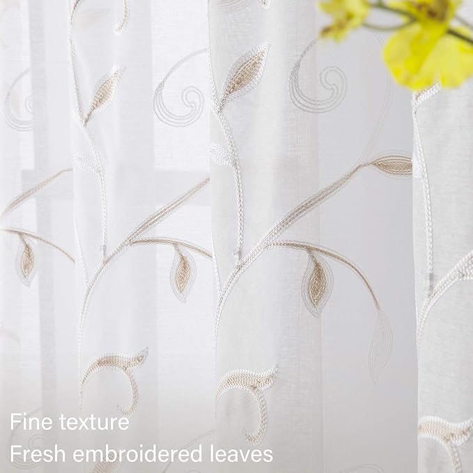 VISIONTEX White Sheer Voile Curtains, Decorative Beige Leaves Embroidery Faux - Image 3