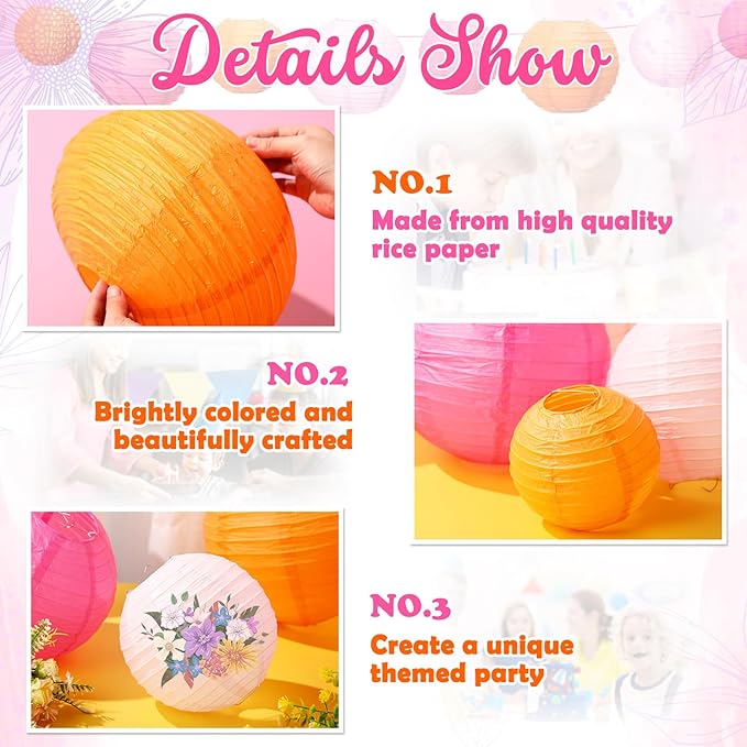 Riakrum 16 Pcs Pink and Orange Paper Lanterns Birthday Party Decorations Mixed - Image 6