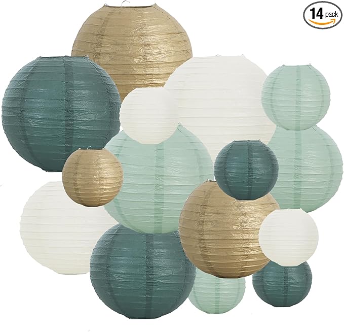 BEISHIDA 16 Pcs Sage Green Gold Paper Lanterns, Hanging Decorative Chinese by Beishida