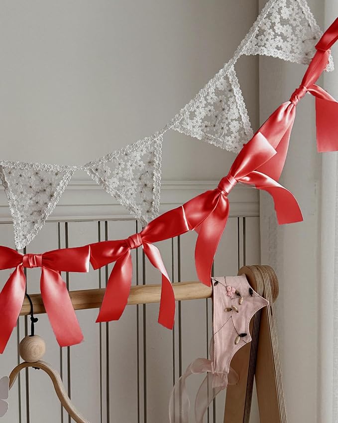 Pre-Assembled Red Bow Garland | Double Side Satin Silk Bow Banner 6FT+ 3ft - Image 2