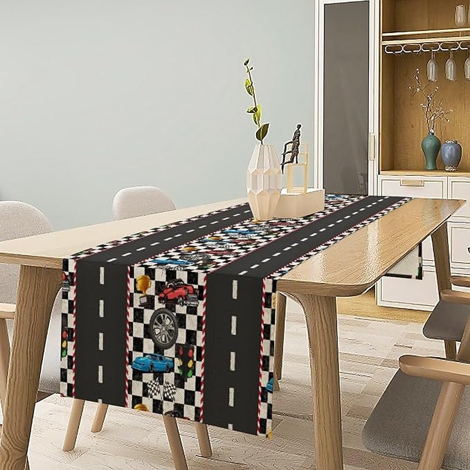 Race Car Table Runner, Checkered Flag Black and White Race Cars Pattern Print - Image 5