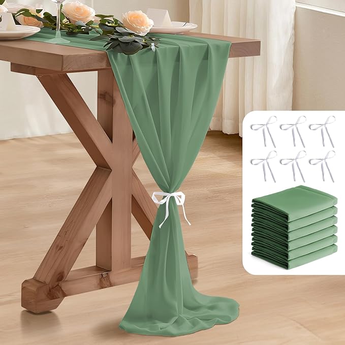 2 Pack 10 Ft Chiffon Table Runner Sage Green Gauze Long Table Runners 27x120 by BEELIFY