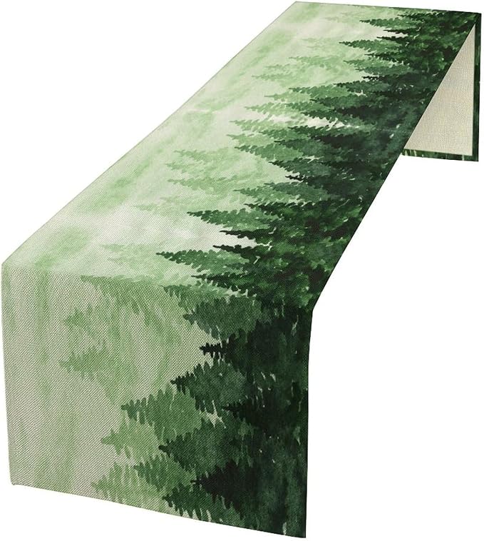 Foggy Forest Table Runner, Watercolor Wreen Misty Forest Landscape Table Runner by Unknown