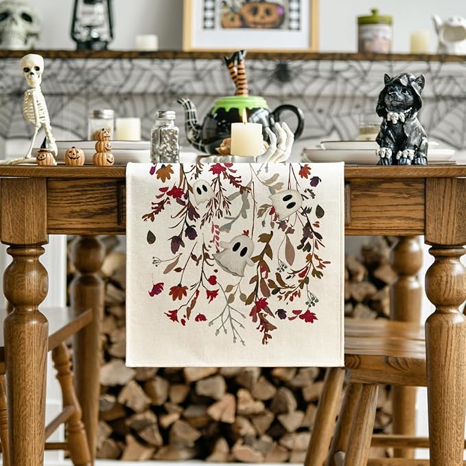 Artoid Mode Ghost Flowers Leaves 210 GSM Halloween Table Runner, Seasonal Fall - Image 2