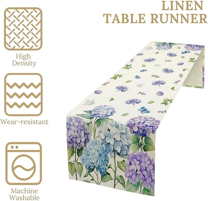 Spring Hydrangea Flower Table Runner, Seasonal Summer Plants Watercolor Florals - Image 4