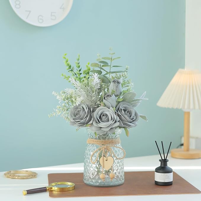 Faux Flowers with Vase, Artificial Silk Roses in Vase, Fake Plant Eucalyptus - Image 9