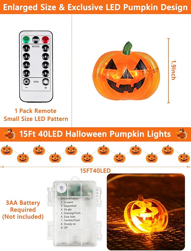 Halloween Fairy Lights Battery Operated 15Ft 40LED Orange Pumpkin String Lights - Image 2