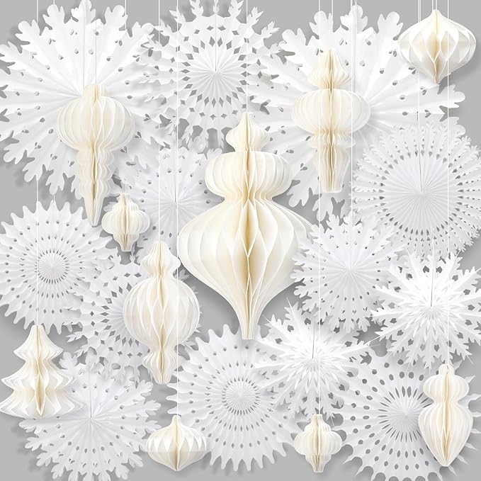 Cinnvoice 16 Pcs White Paper Snowflake Decorations 12 Pcs Christmas Paper by Cinnvoice