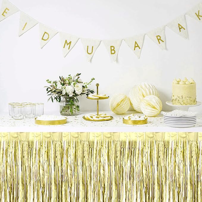 3 Pack 29 x108 Inch Light Gold Foil Fringe Table Skirts Metallic Banner - Image 4