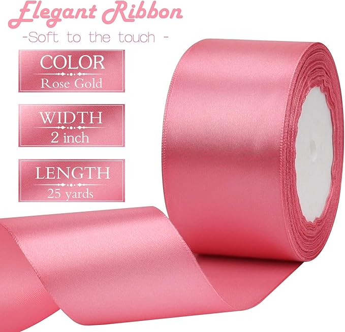 Rose Gold Solid Satin Ribbon 2 Inch 25 Yards Solid Polyester Fabric Ribbon - Image 3