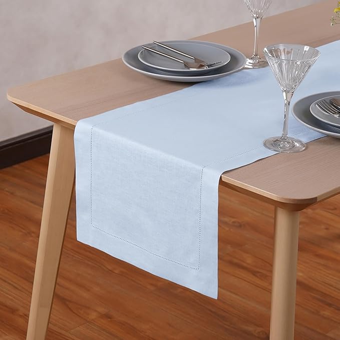 Linen Table Runner 90 inches Long – Hemstitch 100% Pure Linen Light Blue Dining by HomeEkaa