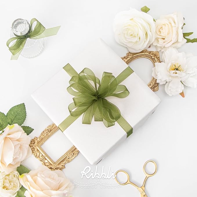Ribbli Moss Green Organza Ribbon 1/2 Inches x Continuous 50 Yard Green Sheer - Image 2