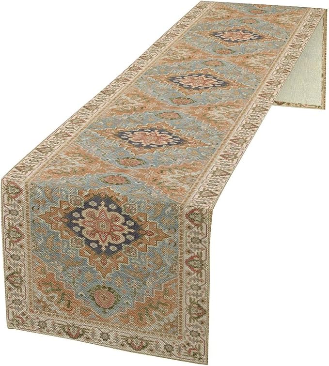 Vintage Boho Floral Table Runner, Rustic Country Farmhouse Grey Blue Orange by Unknown