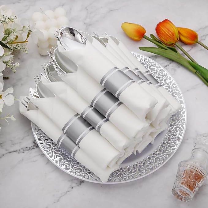 Supernal 60 Pack Pre-Rolled Silver Plastic Cutlery Heavy Duty Wrapped - Image 9
