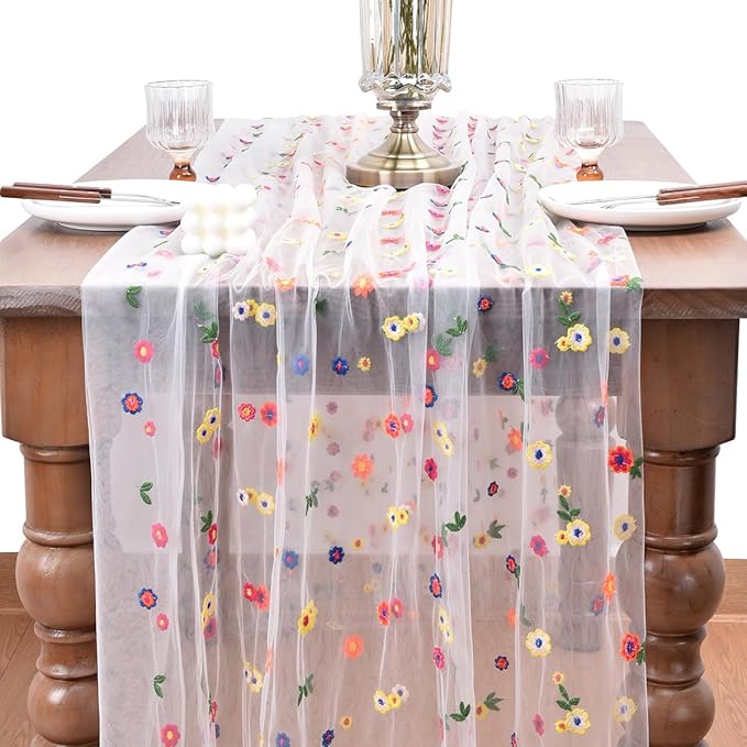 Joanlody Ivory Embroidery Daisy Fall Thanksgiving Table Runner 10ft Florals - Image 2