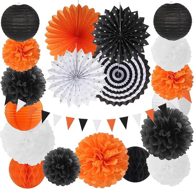 Orange-Black White Party-Decorations Paper-Flowers Lanterns by Burgleda