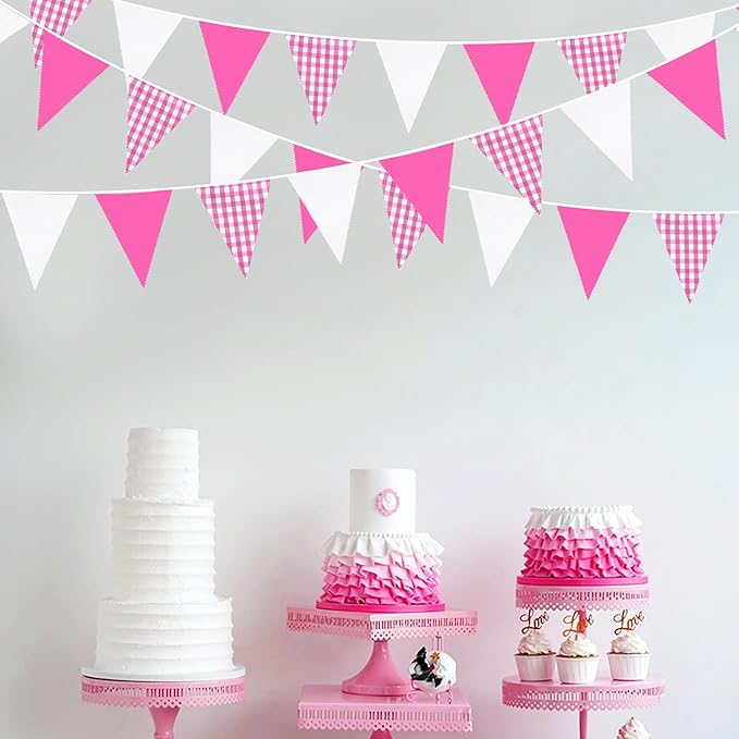 32Ft Hot Pink Party Decorations Pink Buffalo Plaid Checkered White Triangle - Image 3