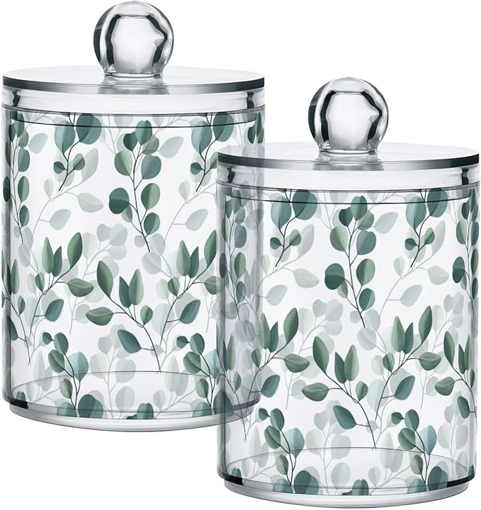 Qtip Holder Dispenser 4 Pack Green Watercolor Floral Leaves Apothecary Jars - Image 2