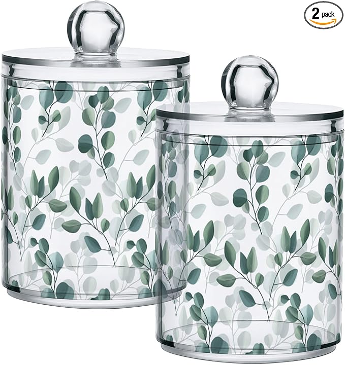 Qtip Holder Dispenser 2 Pack Green Watercolor Floral Leaves Apothecary Jars by Gredecor