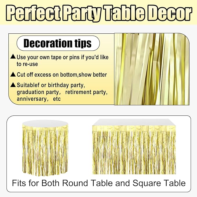 3 Pack 29x108 Inch Light Gold Foil Fringe Table Skirts Metallic Banner - Image 3