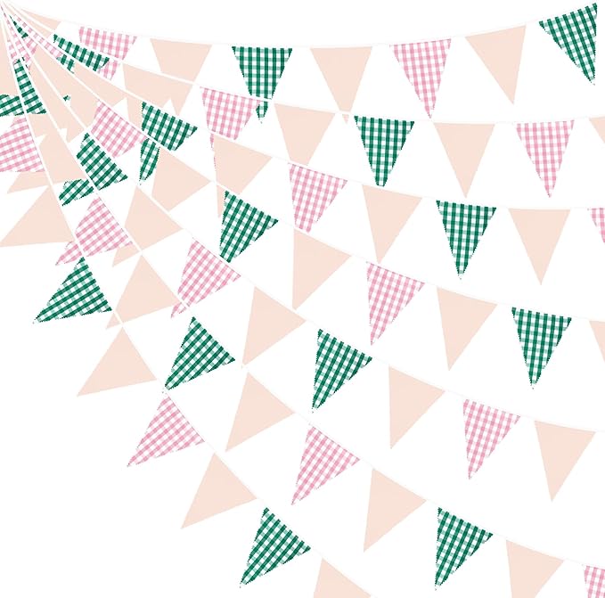 32Ft Pink Green Gingham Camp Bride Banner Green Pink Plaid Checkered Fabric by pinkblume