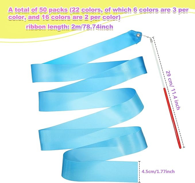 Yilloog 50 Pcs Ribbon Dancing Wands Party Favors, 78.7 Inch Artistic Gymnastics - Image 3