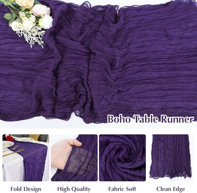Purple Cheesecloth Table Runner -21*120Inch Long Boho Wedding Table Decor - Image 3