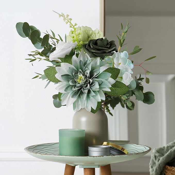 AmyHomie Forest Sage Green White Artificial Flowers Combo Silk Rose Fake - Image 6