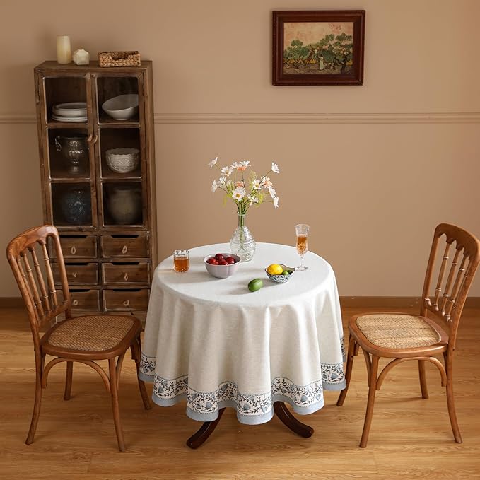 ISAENNE Designer Vintage Linen Elegant Round Tablecloth, Chinoiserie Floral - Image 6