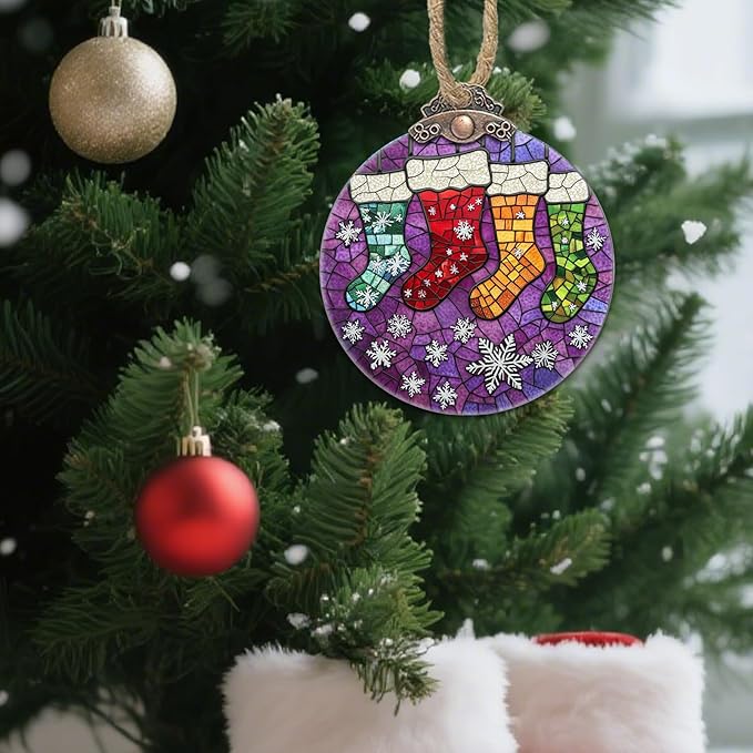 Stained Glass Christmas Decorations, Colorful Stockings Purple Suncatcher - Image 2
