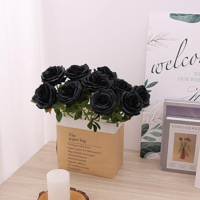 Artificial Rose 10pcs Open Flower Bouquet Black Faux Rose Stems - Image 4
