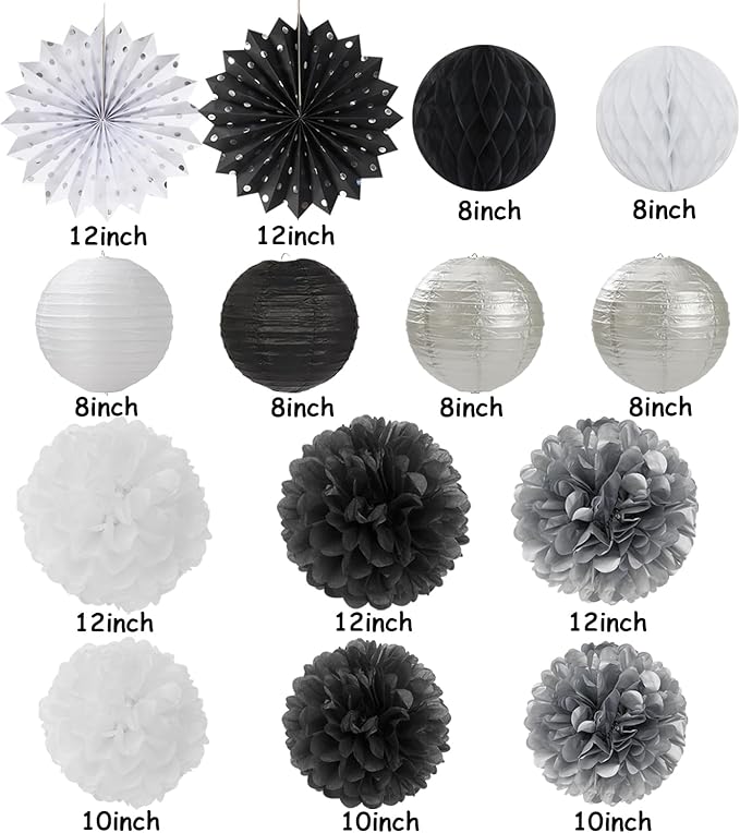 Black White Silver Party-Decorations Streamers-Lanterns - Image 2