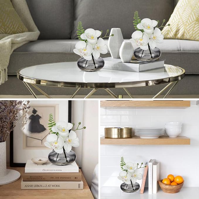 White Orchids Artificial Flowers Faux Orchids Arrangement in Black Glass Vases - Image 6