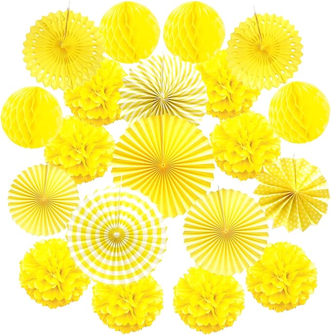 Hanging Paper Fan Set, Tissue Paper Pom Poms Flower Fan and Honeycomb Balls by Recosis