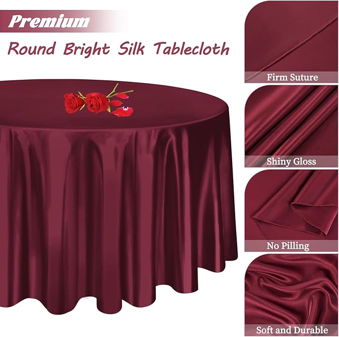 12 Pack 108 Inch Burgundy Satin Tablecloth - Image 4