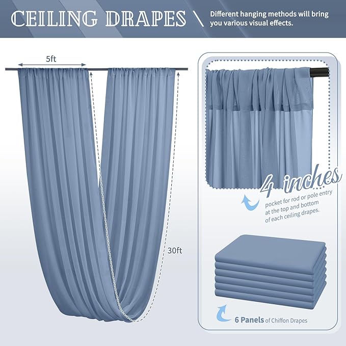 6 Panels Dusty Blue Ceiling Drapes - Image 2