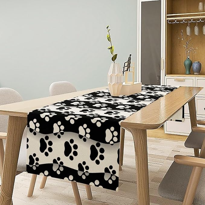 Dog Paw Table Runner, Kid Cute Animal Footprint Black White Theme Design Print - Image 5