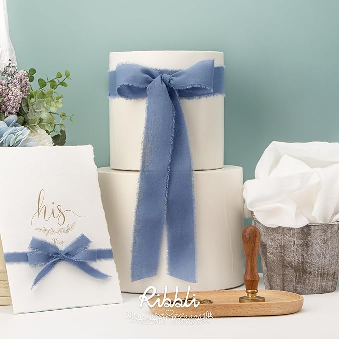 Ribbli 3 Rolls Dusty Blue Ribbon 5/8 Inch x 18Yards Handmade Cotton Frayed - Image 4